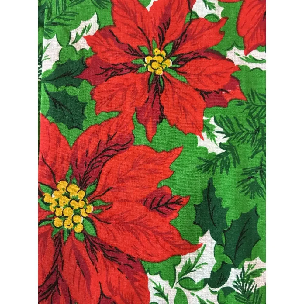 Vtg Christmas Fabric Poinsettia Green Red Holly 112x58 Cotton Uncut 3 Yds New